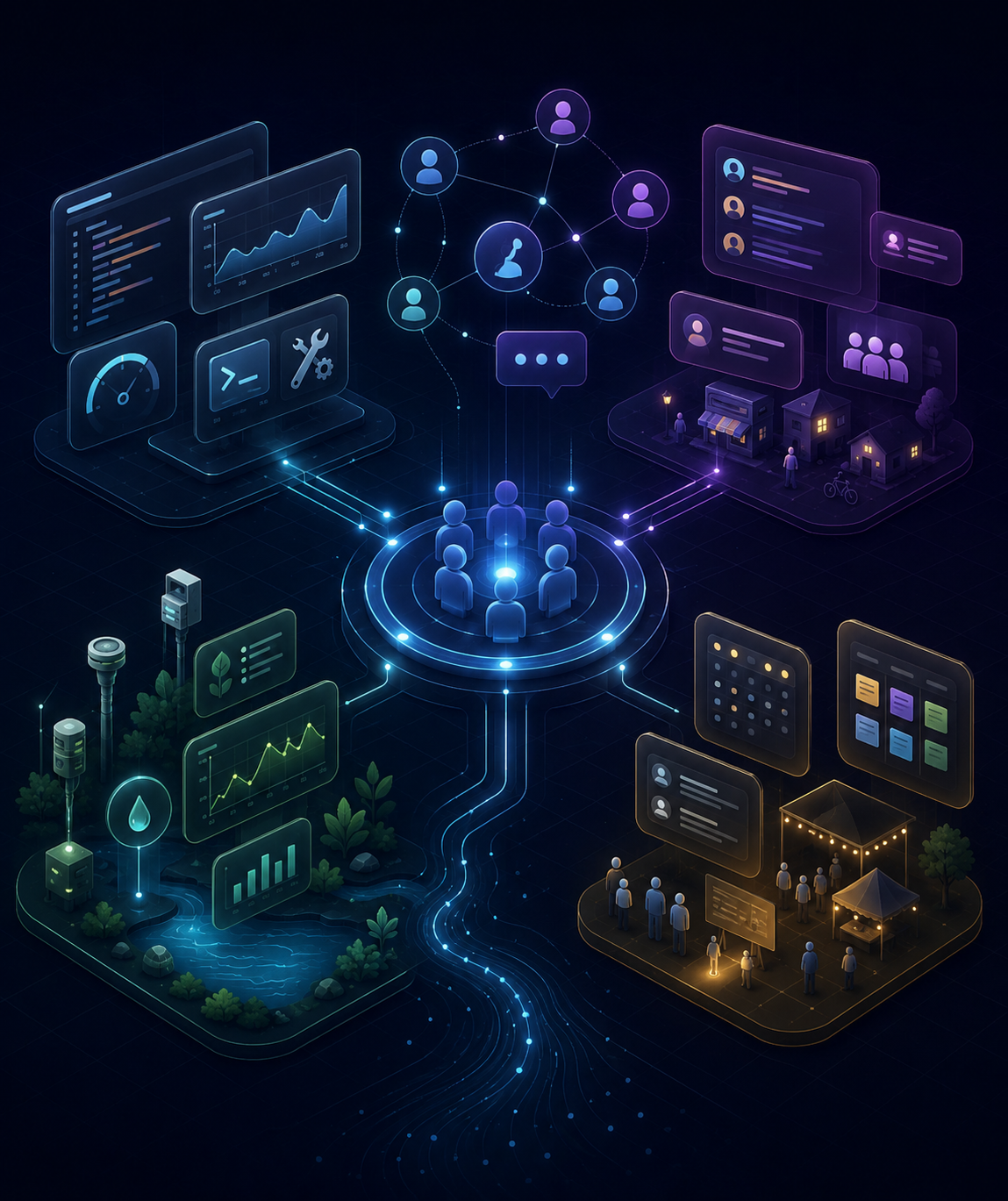 Dark-mode illustration of a shared community technology hub connecting tools, archives, data, and local project areas.
